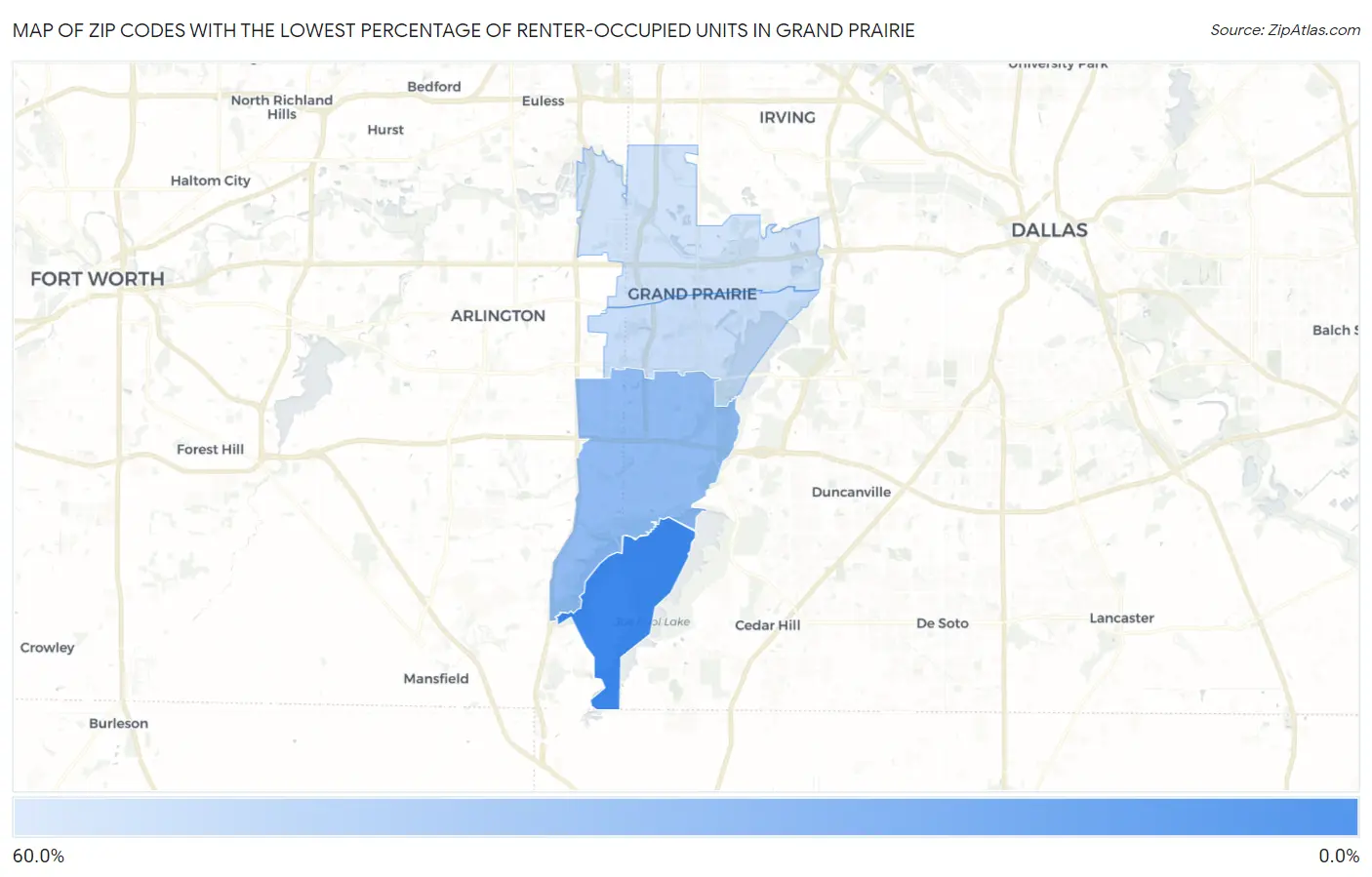 Zip Codes with the Lowest Percentage of Renter-Occupied Units in Grand Prairie Map