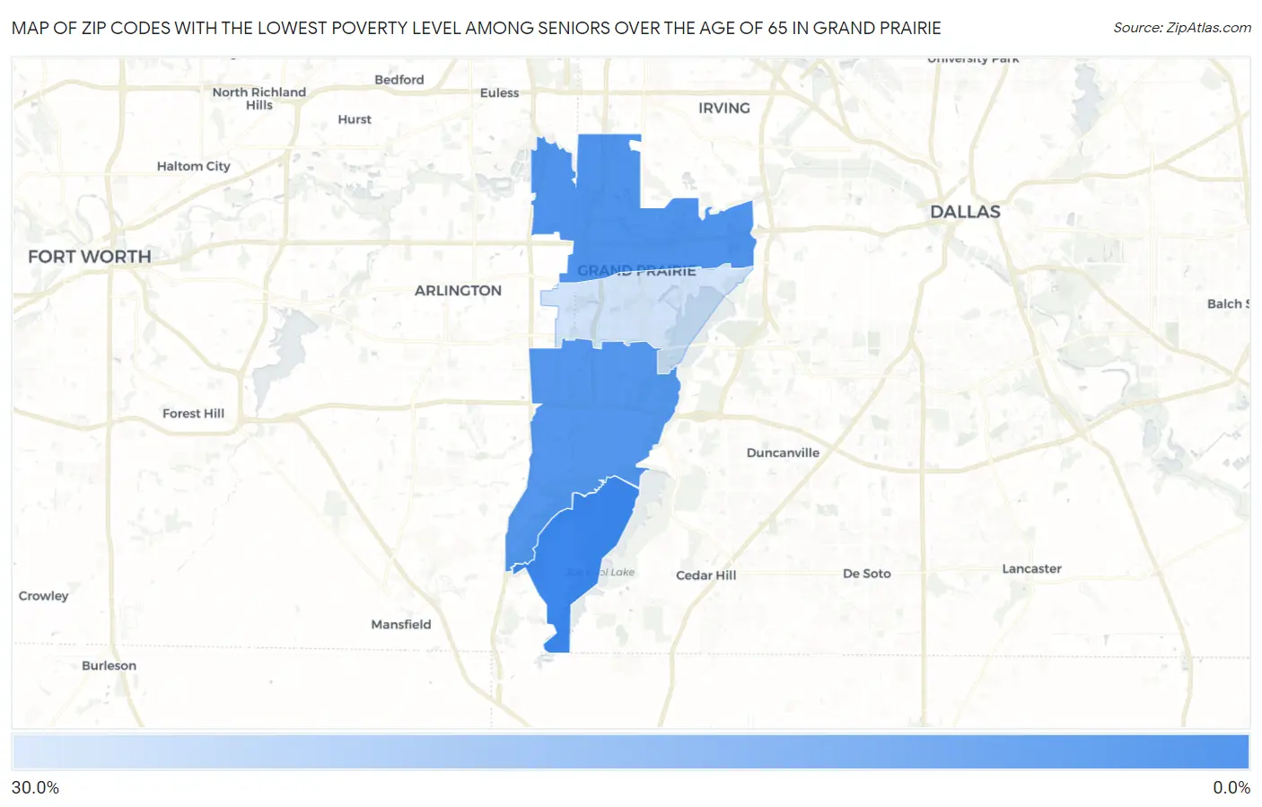 Zip Codes with the Lowest Poverty Level Among Seniors Over the Age of 65 in Grand Prairie Map