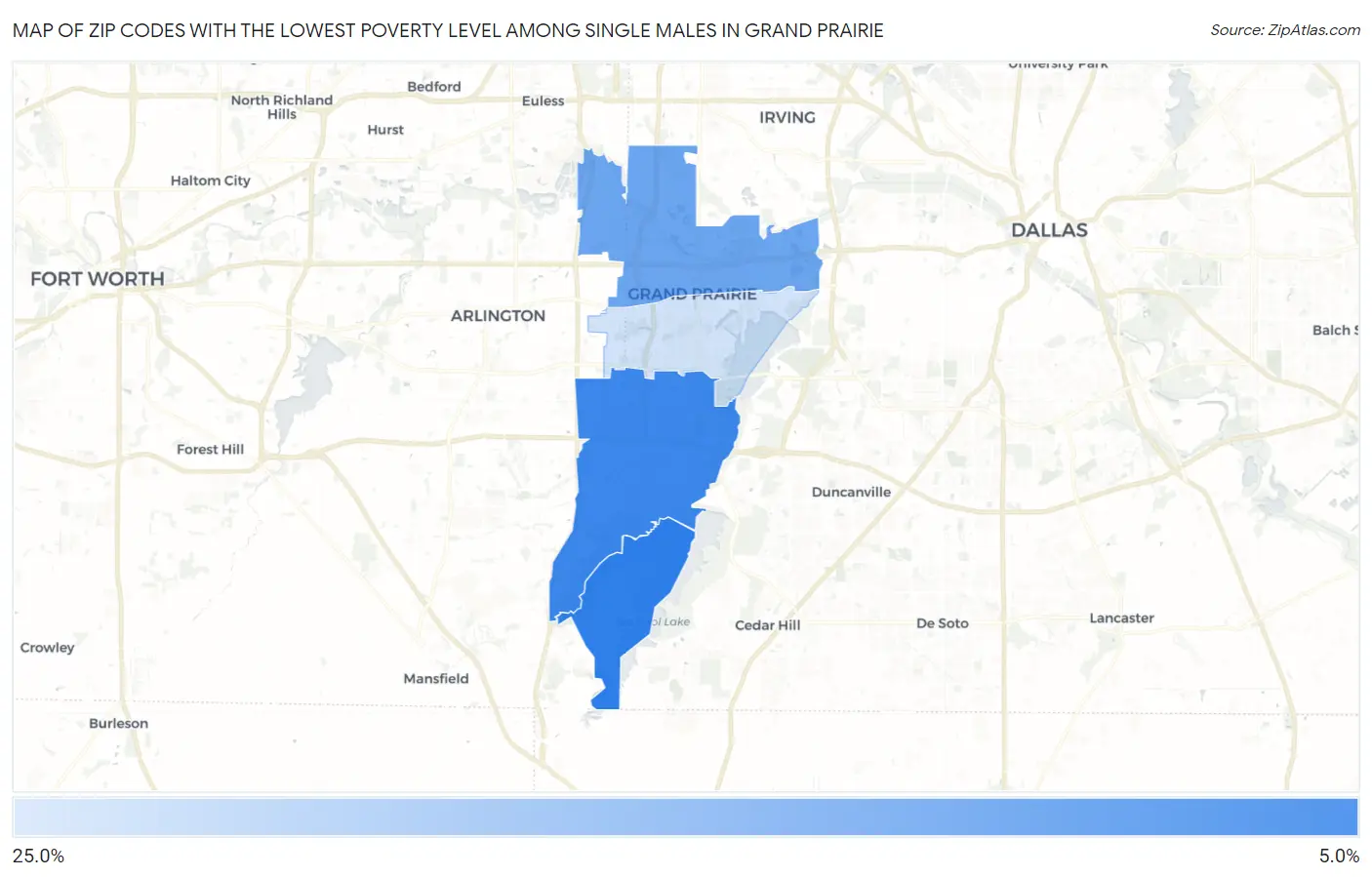 Zip Codes with the Lowest Poverty Level Among Single Males in Grand Prairie Map