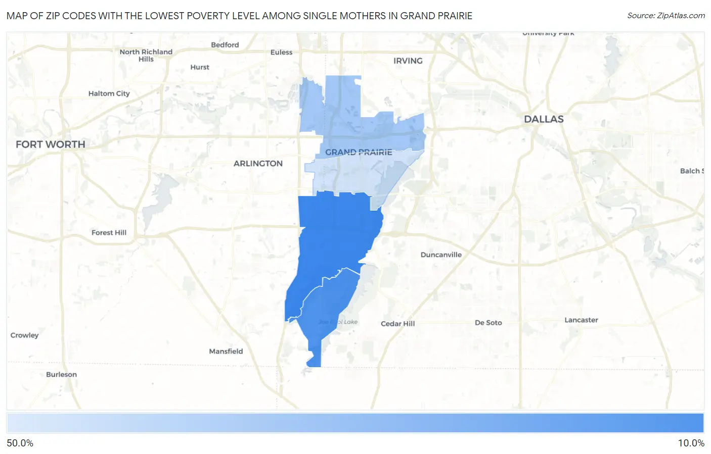Zip Codes with the Lowest Poverty Level Among Single Mothers in Grand Prairie Map