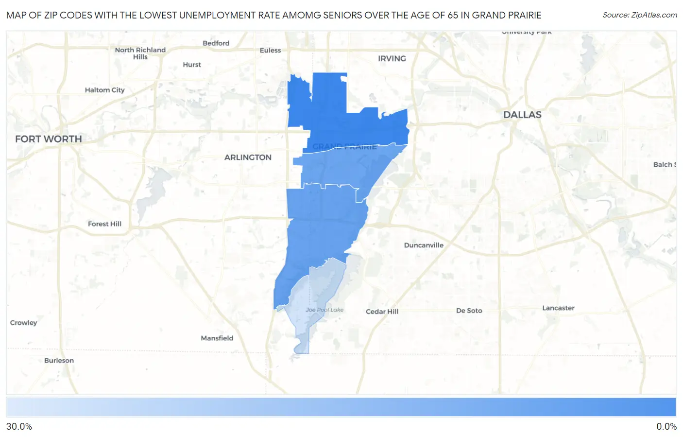 Zip Codes with the Lowest Unemployment Rate Amomg Seniors Over the Age of 65 in Grand Prairie Map