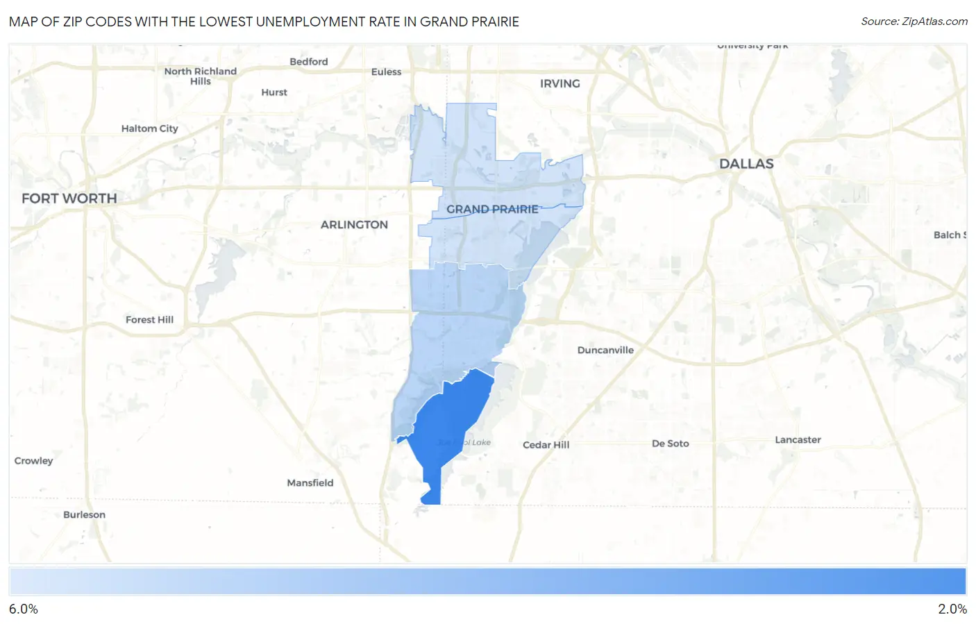 Zip Codes with the Lowest Unemployment Rate in Grand Prairie Map