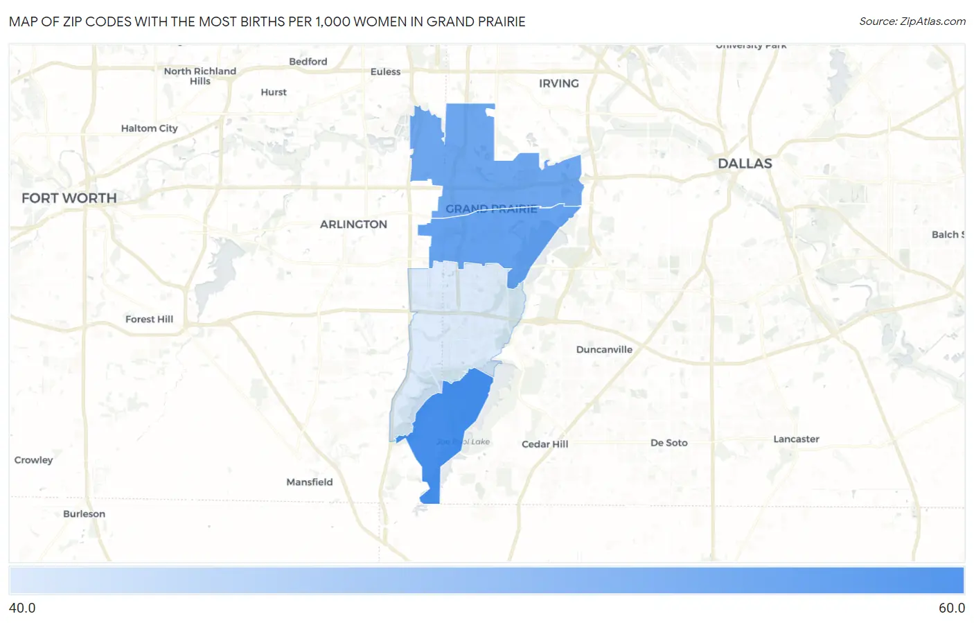 Zip Codes with the Most Births per 1,000 Women in Grand Prairie Map