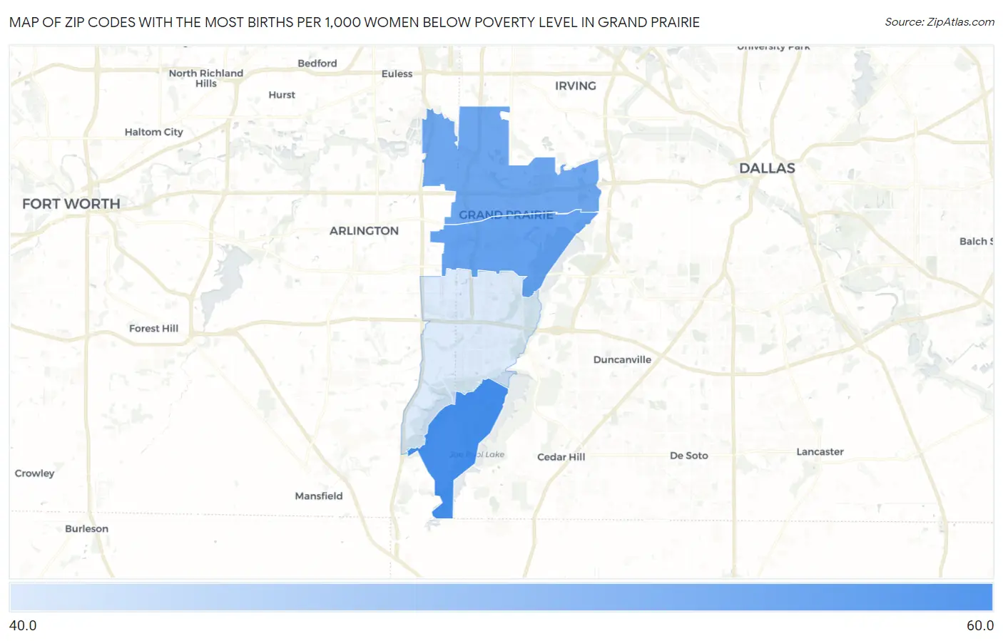 Zip Codes with the Most Births per 1,000 Women Below Poverty Level in Grand Prairie Map