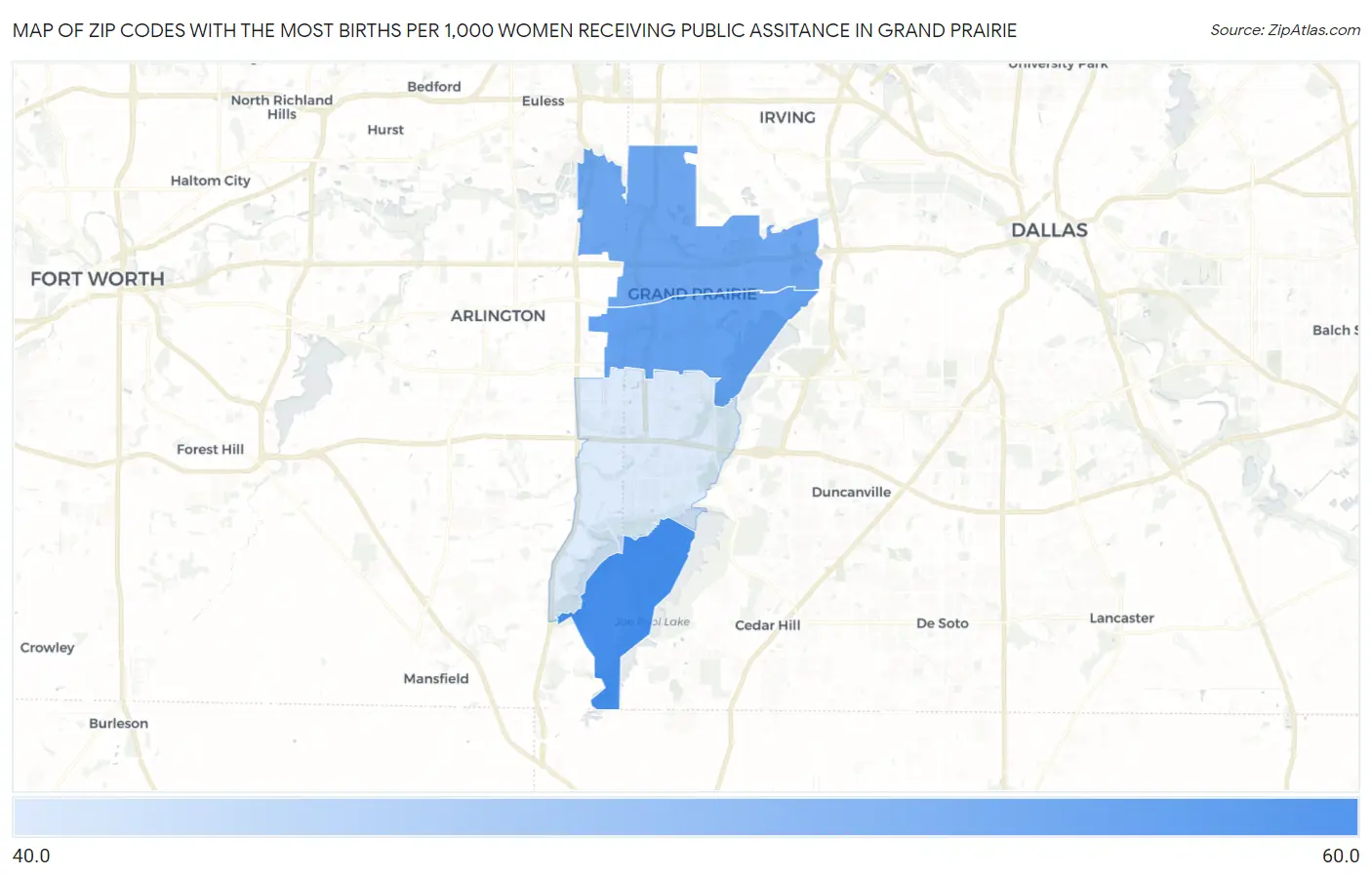 Zip Codes with the Most Births per 1,000 Women Receiving Public Assitance in Grand Prairie Map