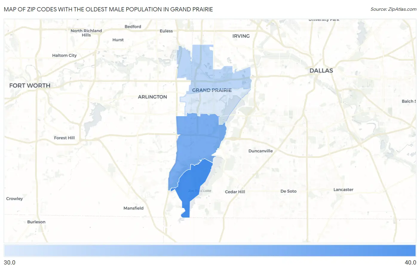 Zip Codes with the Oldest Male Population in Grand Prairie Map