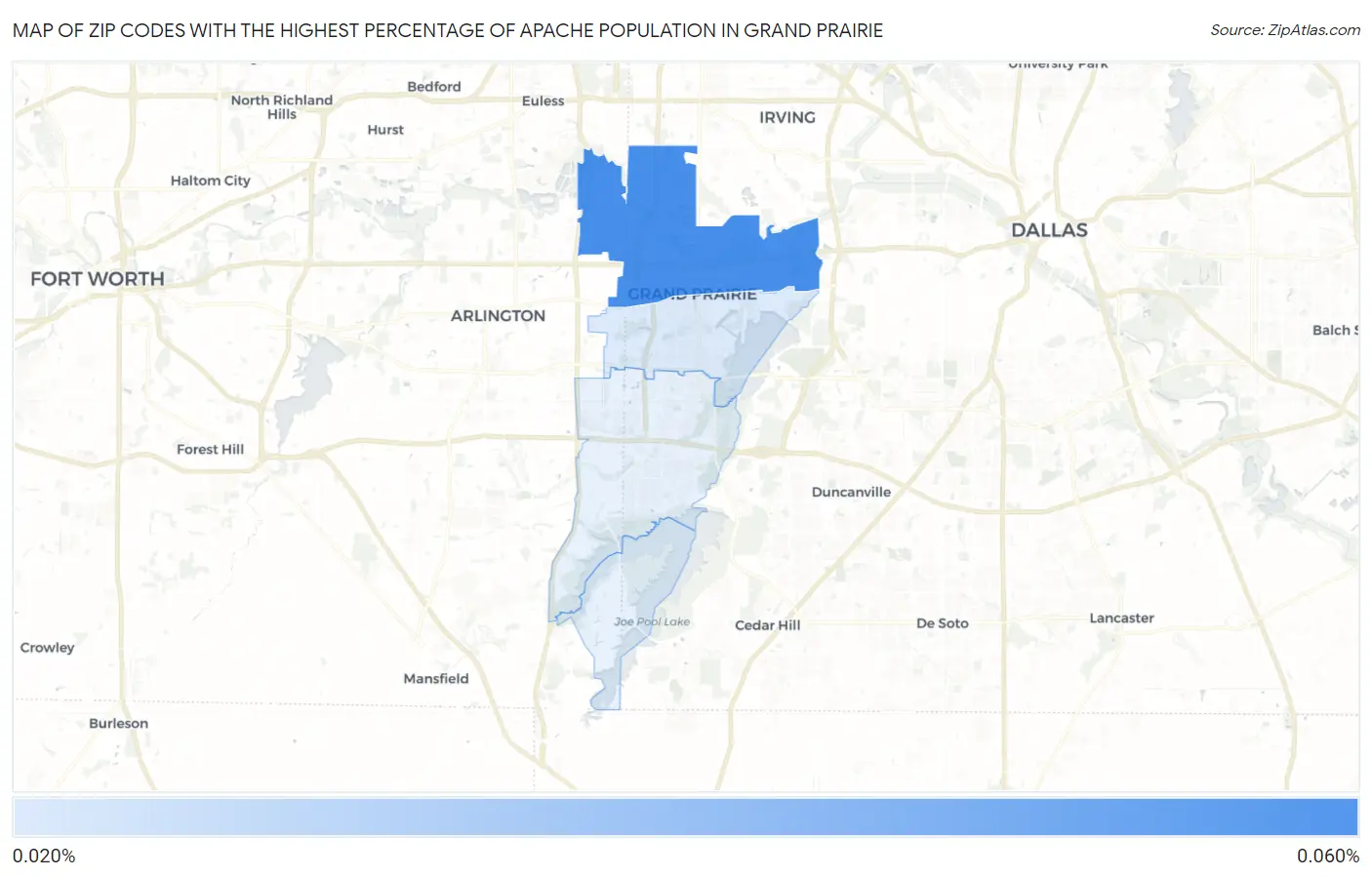 Zip Codes with the Highest Percentage of Apache Population in Grand Prairie Map