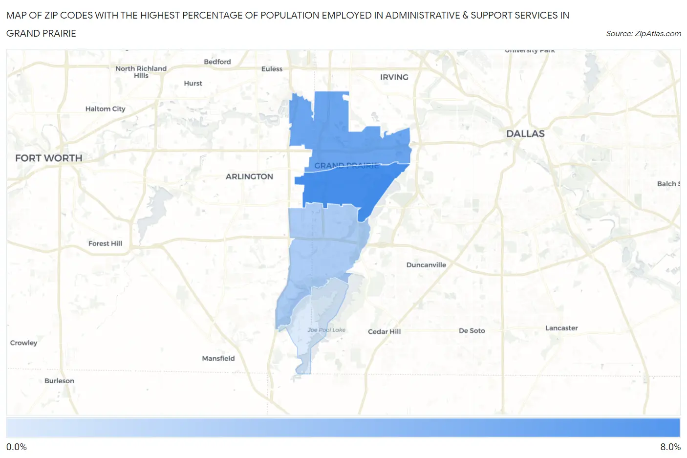 Zip Codes with the Highest Percentage of Population Employed in Administrative & Support Services in Grand Prairie Map