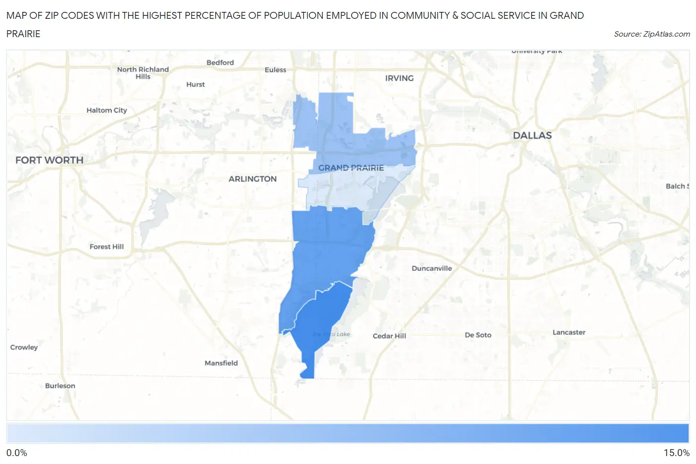 Zip Codes with the Highest Percentage of Population Employed in Community & Social Service  in Grand Prairie Map
