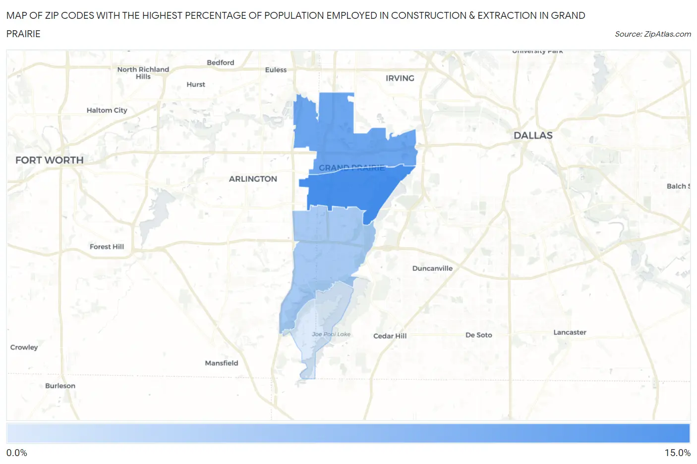 Zip Codes with the Highest Percentage of Population Employed in Construction & Extraction in Grand Prairie Map