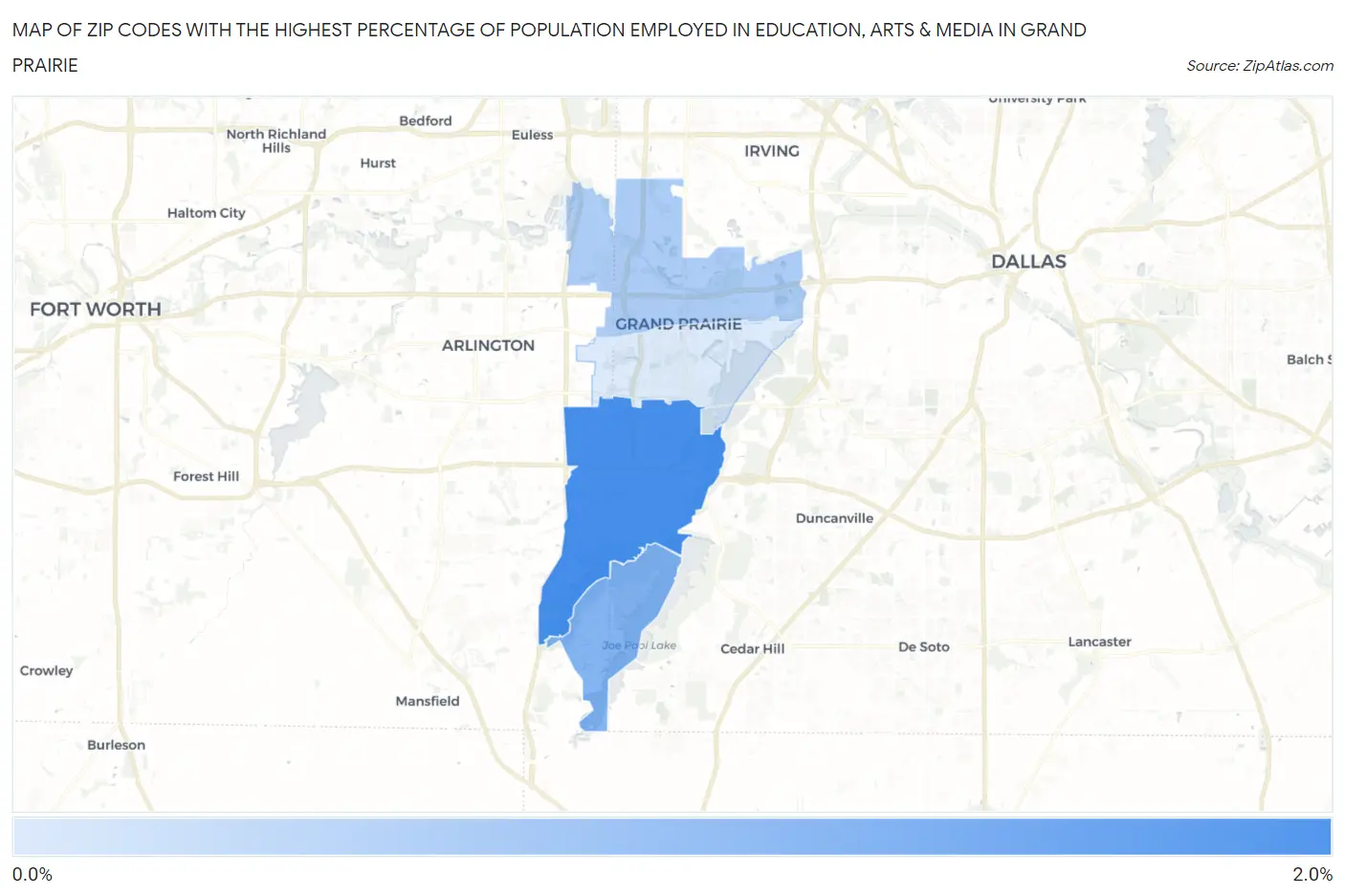Zip Codes with the Highest Percentage of Population Employed in Education, Arts & Media in Grand Prairie Map