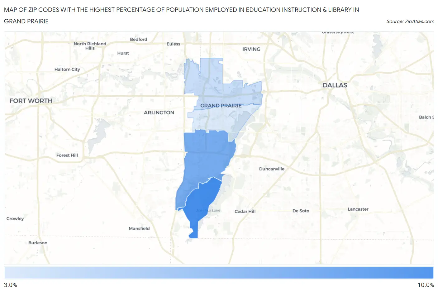 Zip Codes with the Highest Percentage of Population Employed in Education Instruction & Library in Grand Prairie Map