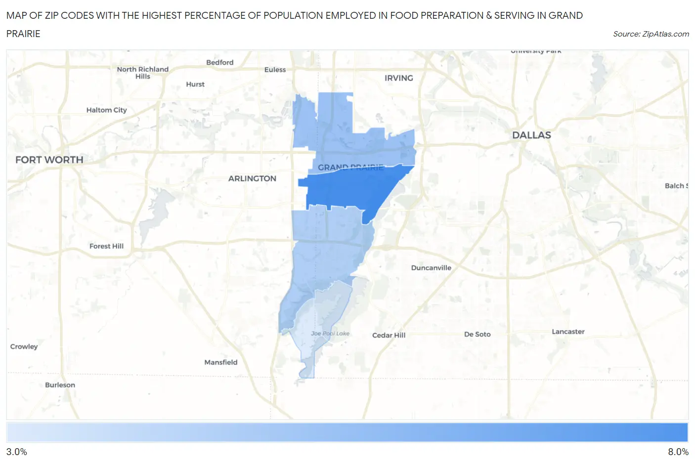 Zip Codes with the Highest Percentage of Population Employed in Food Preparation & Serving in Grand Prairie Map