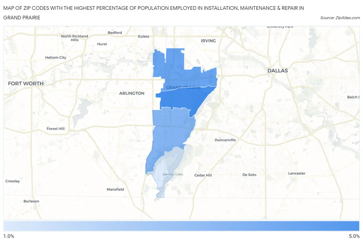 Zip Codes with the Highest Percentage of Population Employed in Installation, Maintenance & Repair in Grand Prairie Map