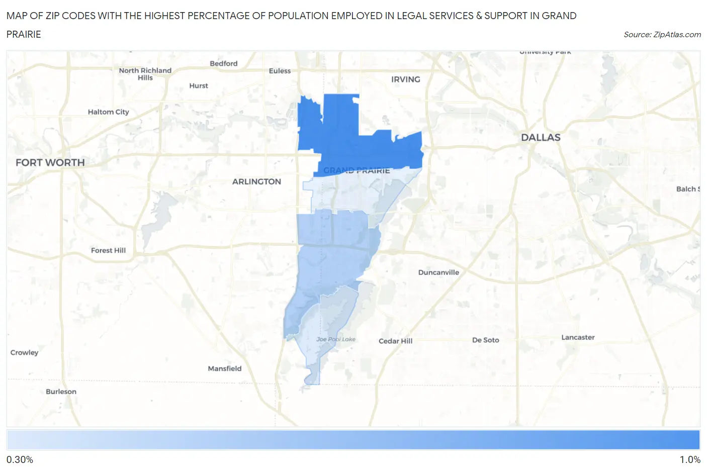 Zip Codes with the Highest Percentage of Population Employed in Legal Services & Support in Grand Prairie Map