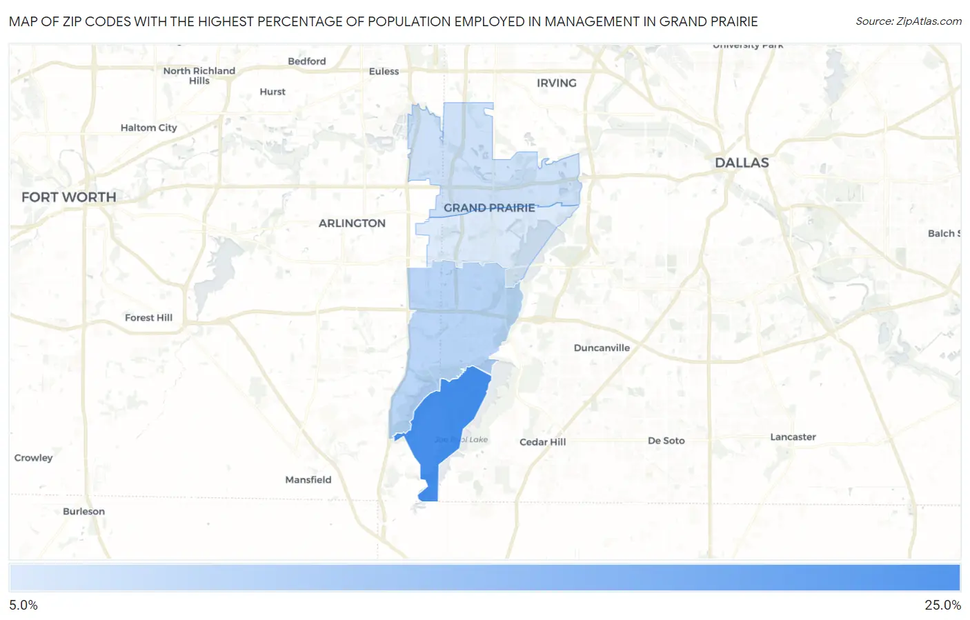 Zip Codes with the Highest Percentage of Population Employed in Management in Grand Prairie Map