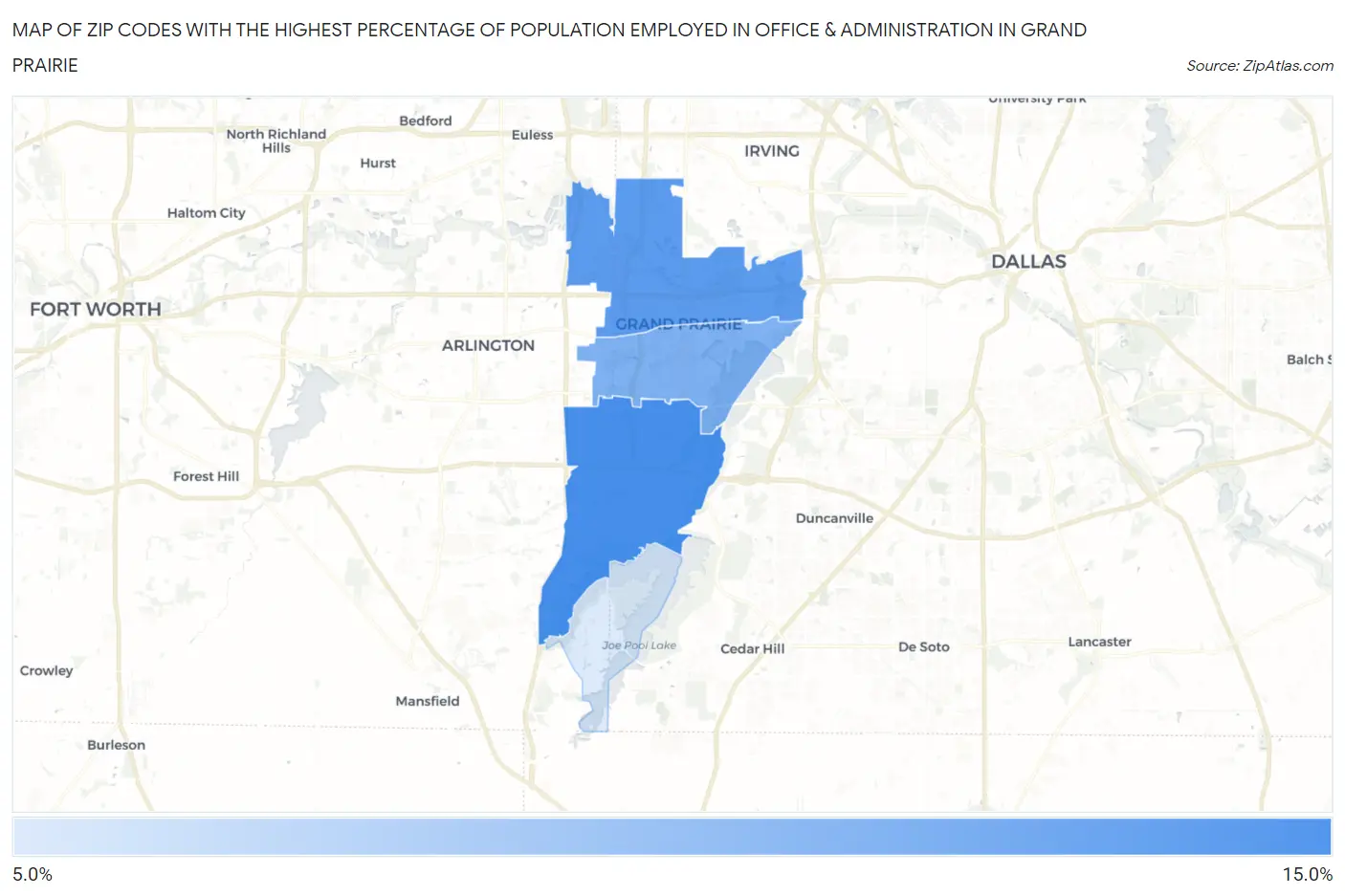 Zip Codes with the Highest Percentage of Population Employed in Office & Administration in Grand Prairie Map