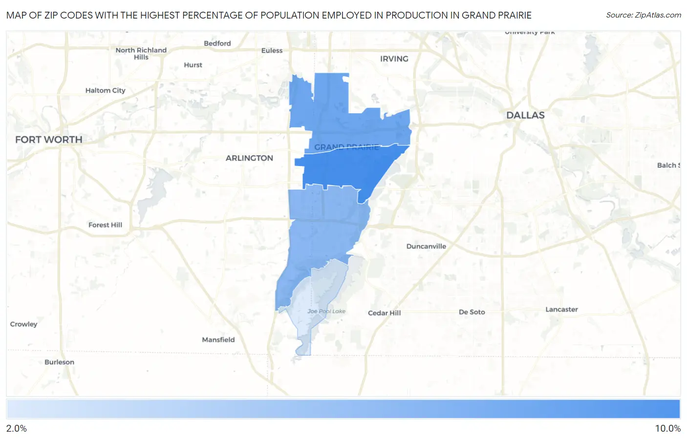 Zip Codes with the Highest Percentage of Population Employed in Production in Grand Prairie Map
