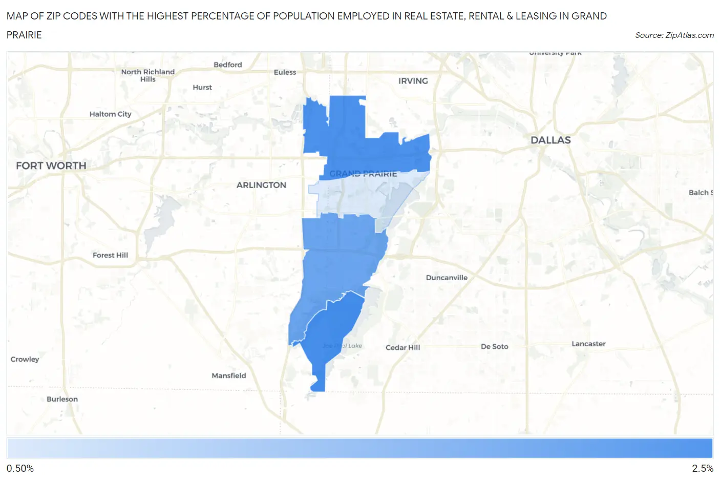 Zip Codes with the Highest Percentage of Population Employed in Real Estate, Rental & Leasing in Grand Prairie Map