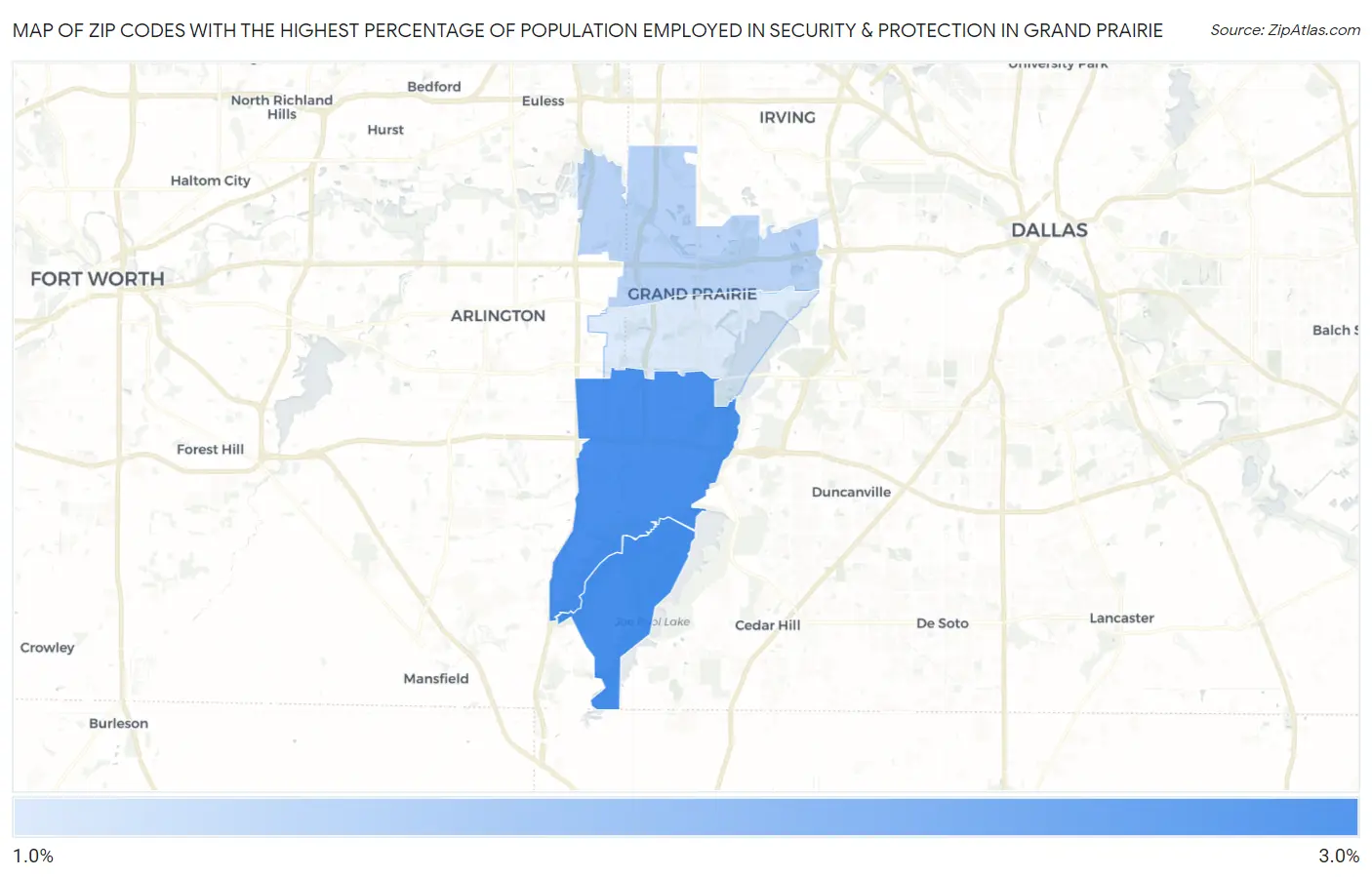 Zip Codes with the Highest Percentage of Population Employed in Security & Protection in Grand Prairie Map