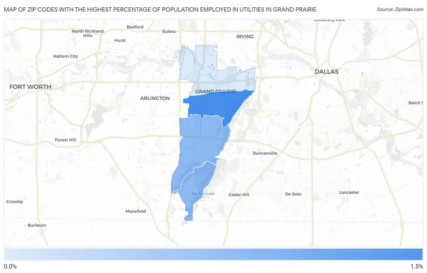 Zip Codes with the Highest Percentage of Population Employed in Utilities in Grand Prairie Map