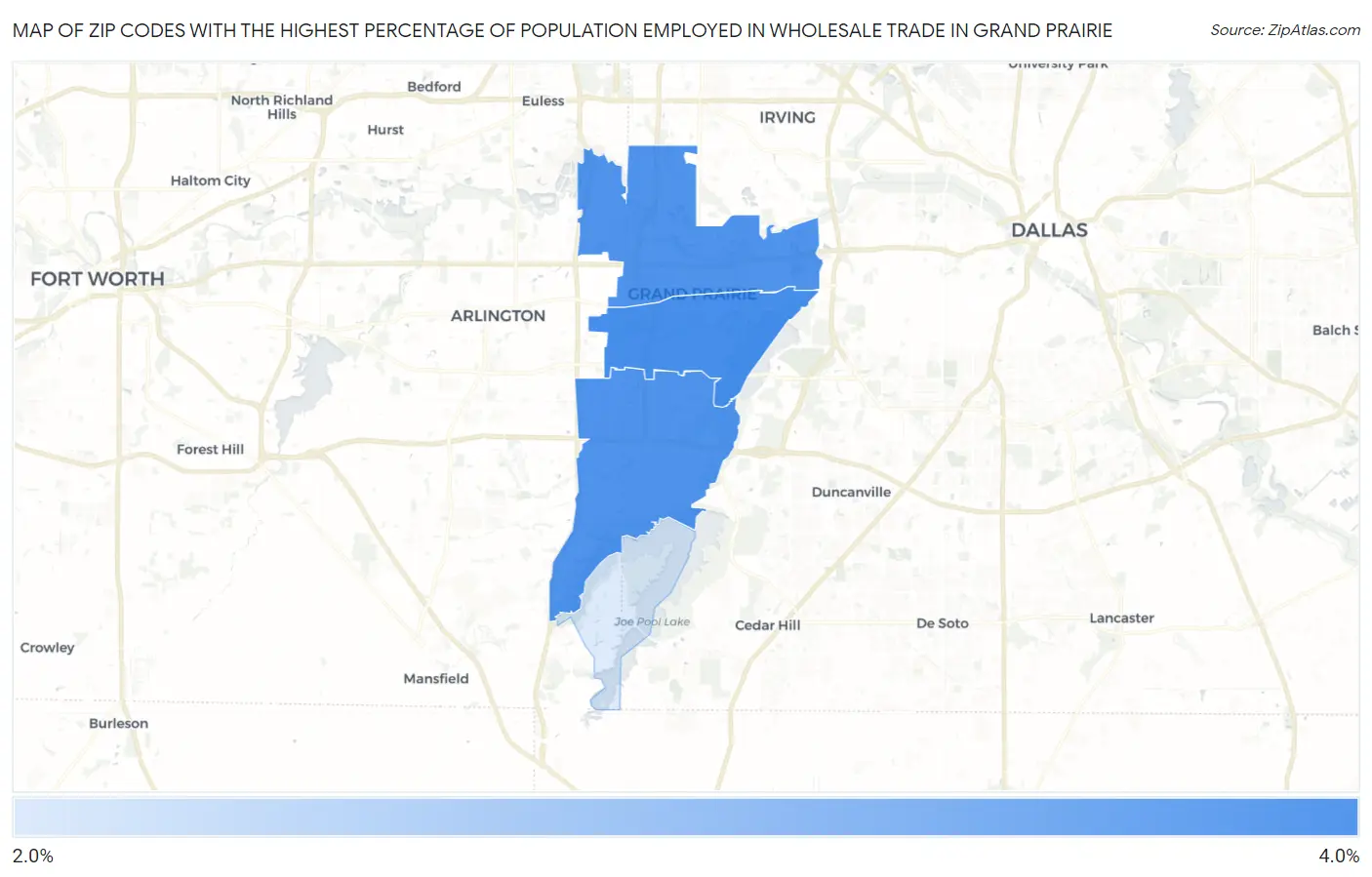 Zip Codes with the Highest Percentage of Population Employed in Wholesale Trade in Grand Prairie Map