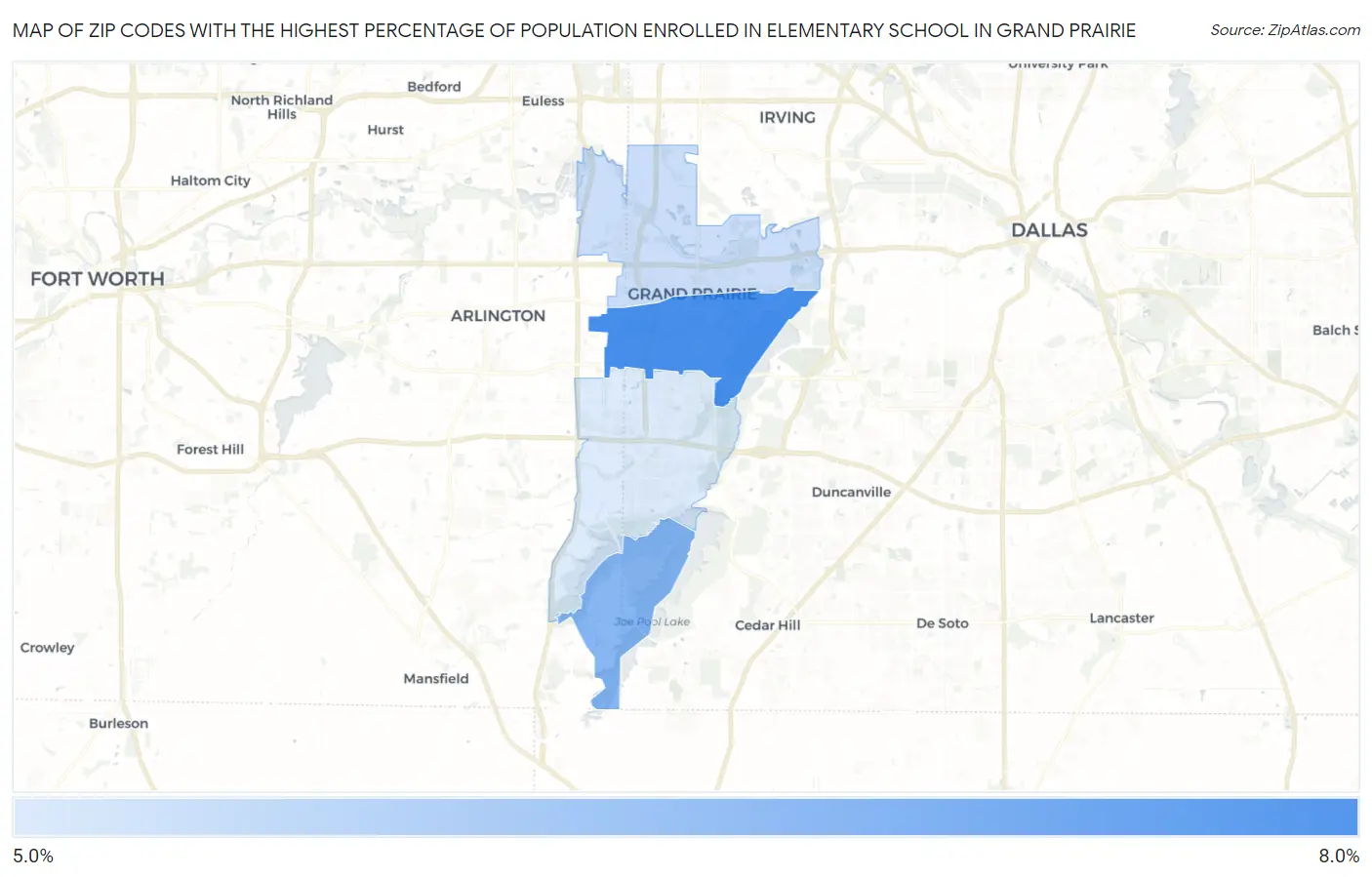 Zip Codes with the Highest Percentage of Population Enrolled in Elementary School in Grand Prairie Map