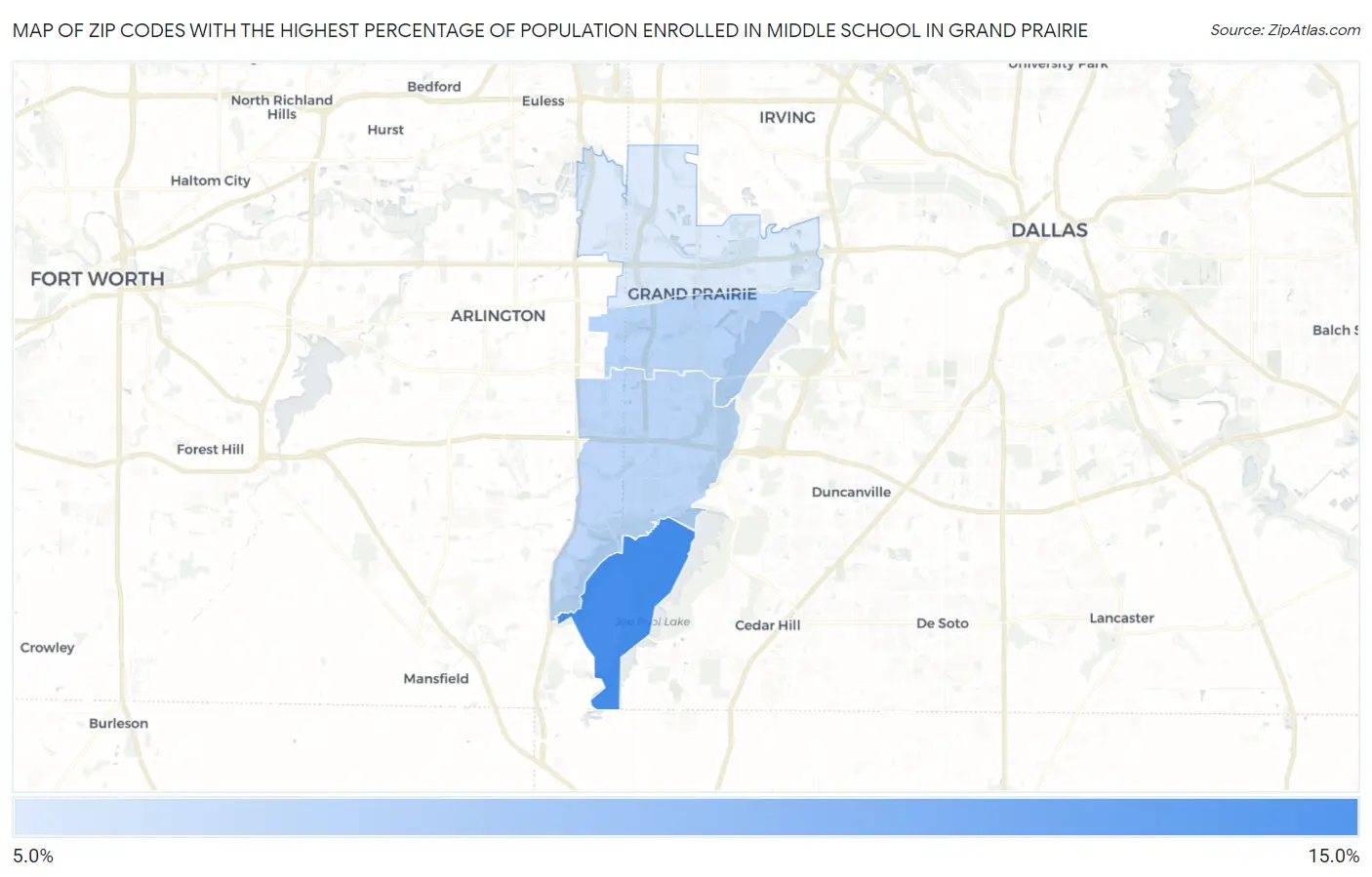 Zip Codes with the Highest Percentage of Population Enrolled in Middle School in Grand Prairie Map