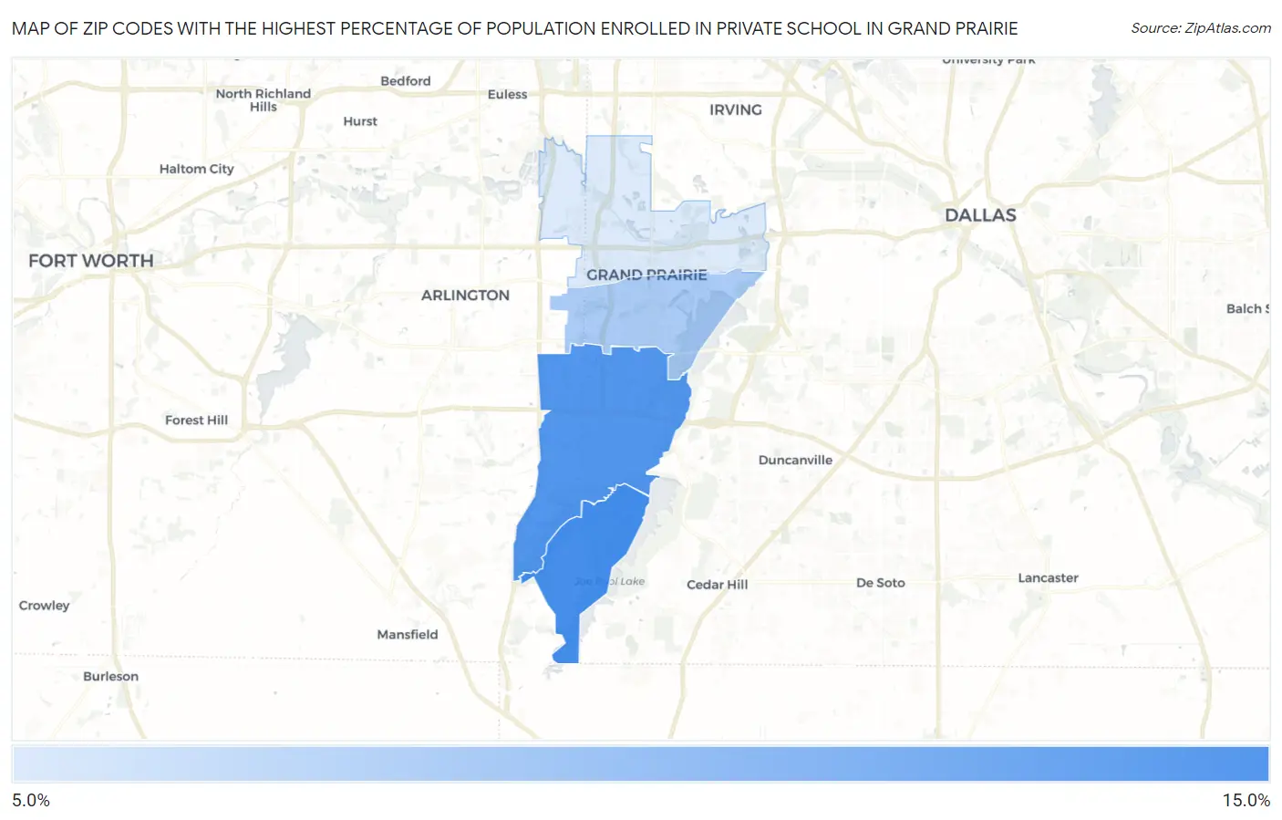 Zip Codes with the Highest Percentage of Population Enrolled in Private School in Grand Prairie Map