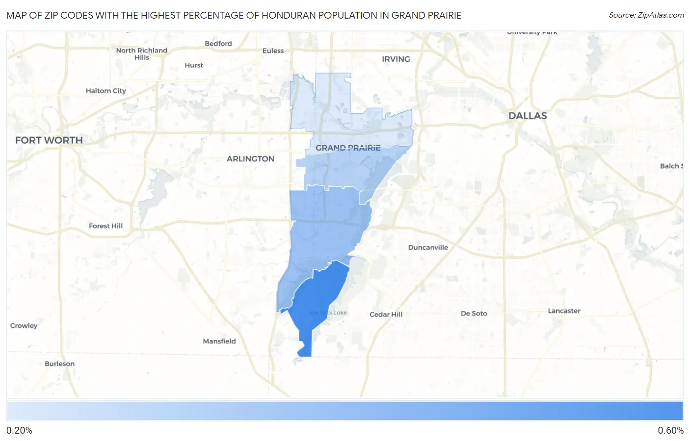 Zip Codes with the Highest Percentage of Honduran Population in Grand Prairie Map