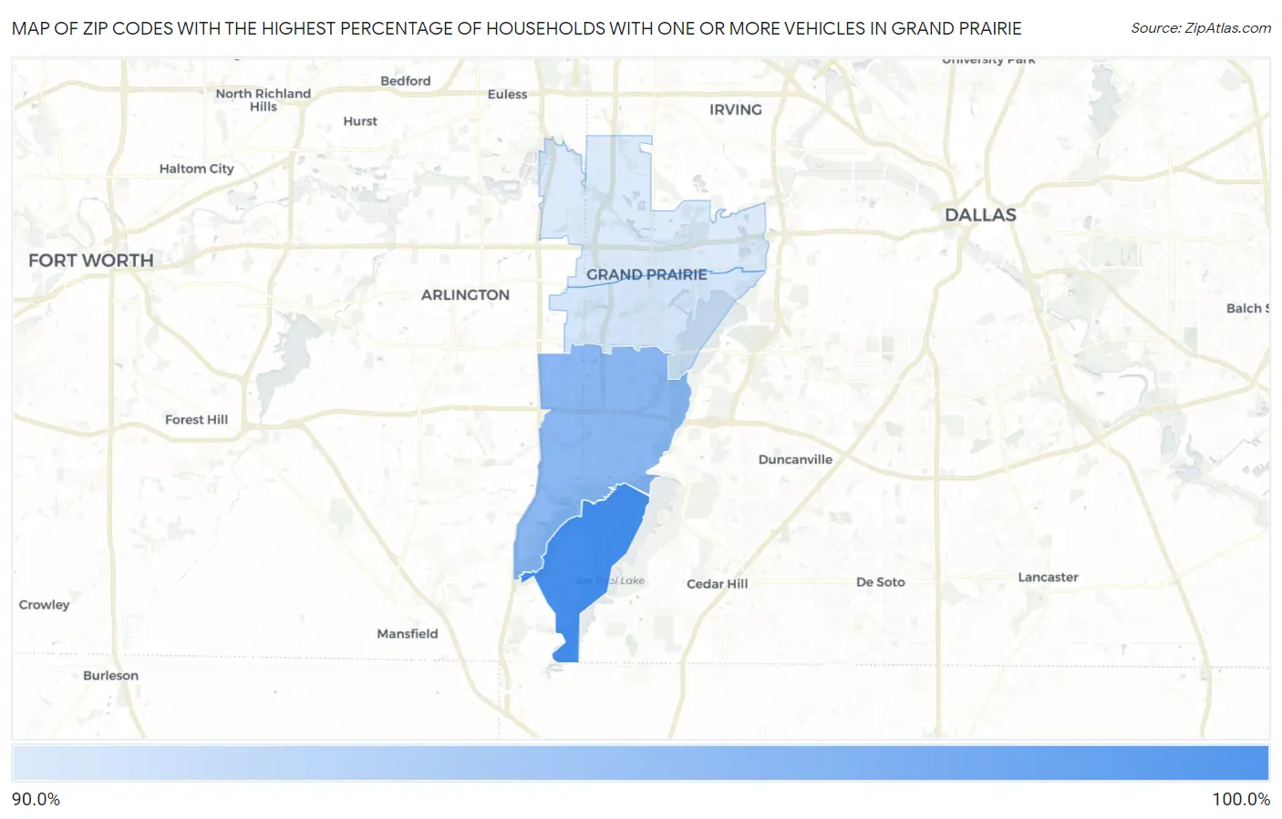 Zip Codes with the Highest Percentage of Households With One or more Vehicles in Grand Prairie Map