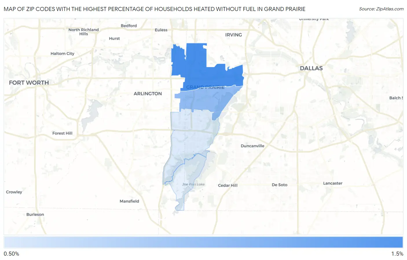 Zip Codes with the Highest Percentage of Households Heated without Fuel in Grand Prairie Map
