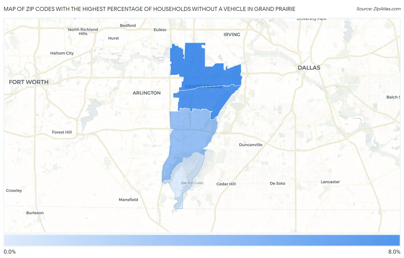 Zip Codes with the Highest Percentage of Households Without a Vehicle in Grand Prairie Map