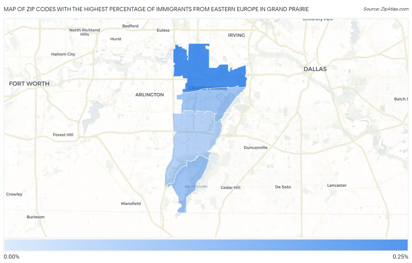 Zip Codes with the Highest Percentage of Immigrants from Eastern Europe in Grand Prairie Map