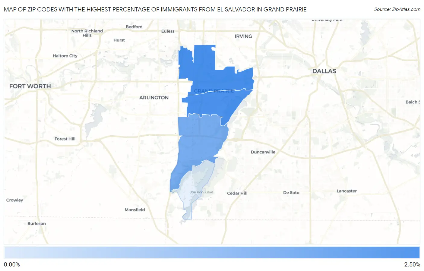 Zip Codes with the Highest Percentage of Immigrants from El Salvador in Grand Prairie Map