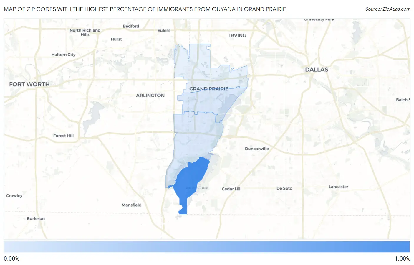 Zip Codes with the Highest Percentage of Immigrants from Guyana in Grand Prairie Map