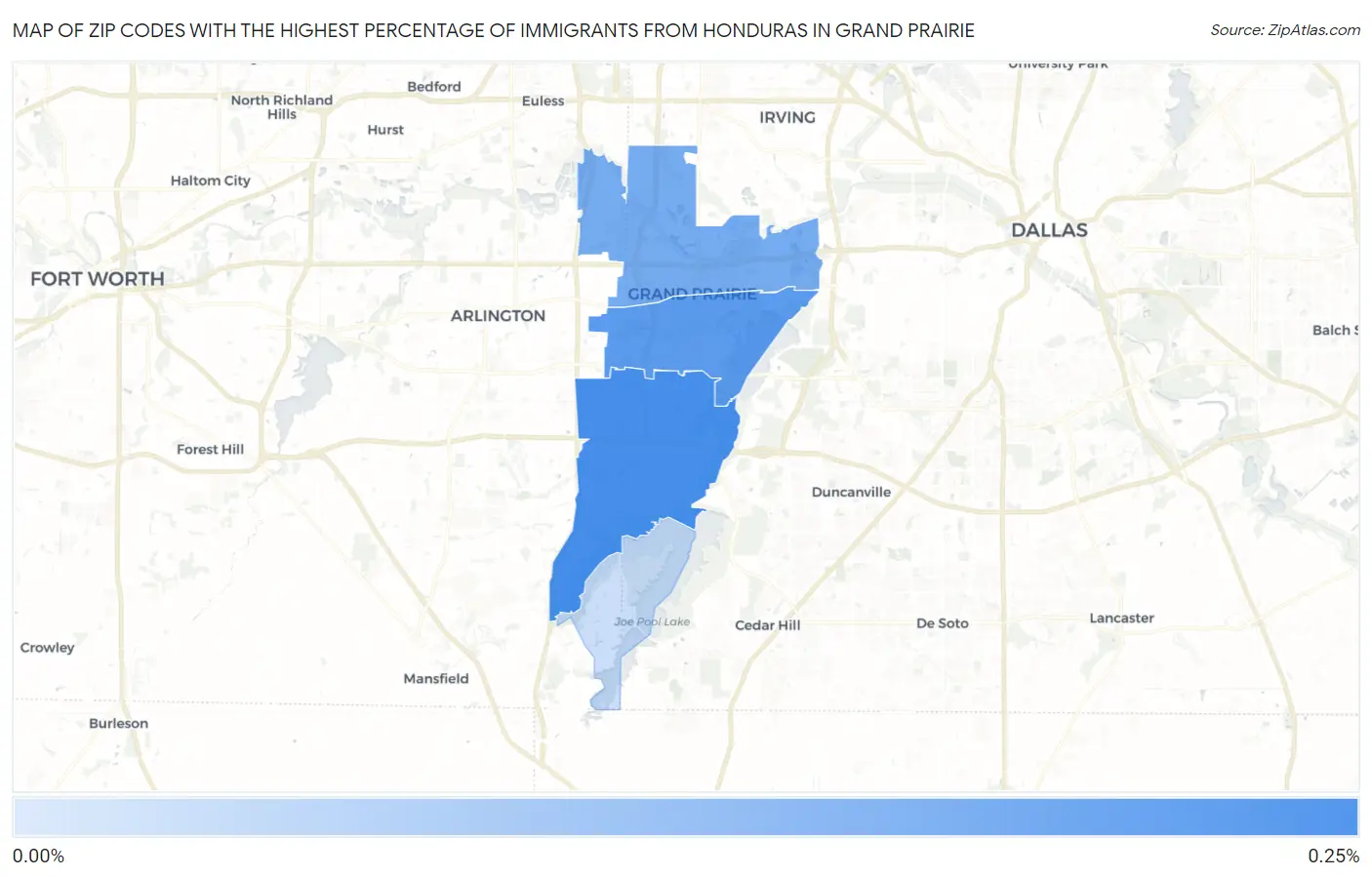 Zip Codes with the Highest Percentage of Immigrants from Honduras in Grand Prairie Map
