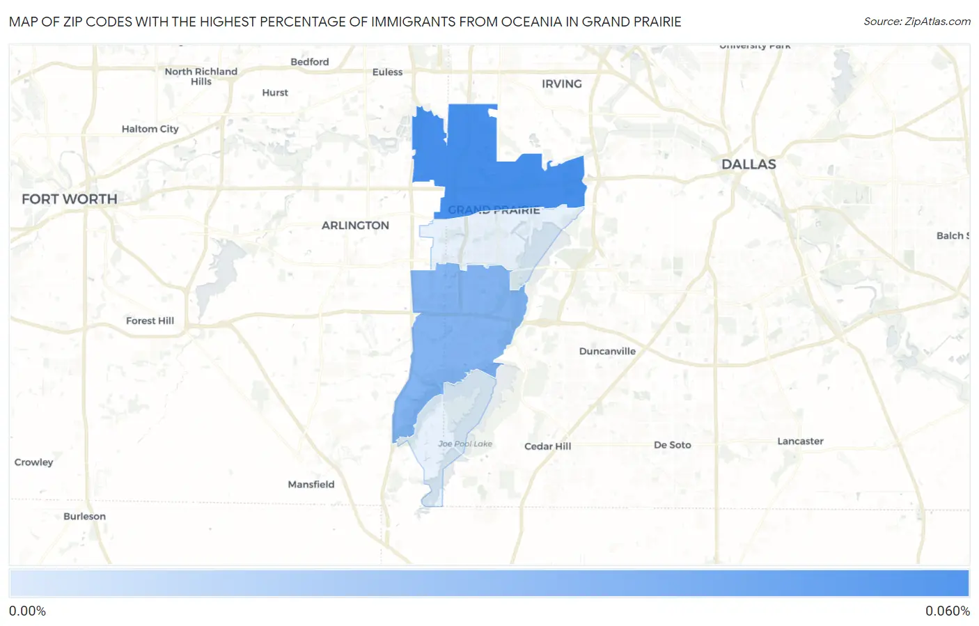 Zip Codes with the Highest Percentage of Immigrants from Oceania in Grand Prairie Map