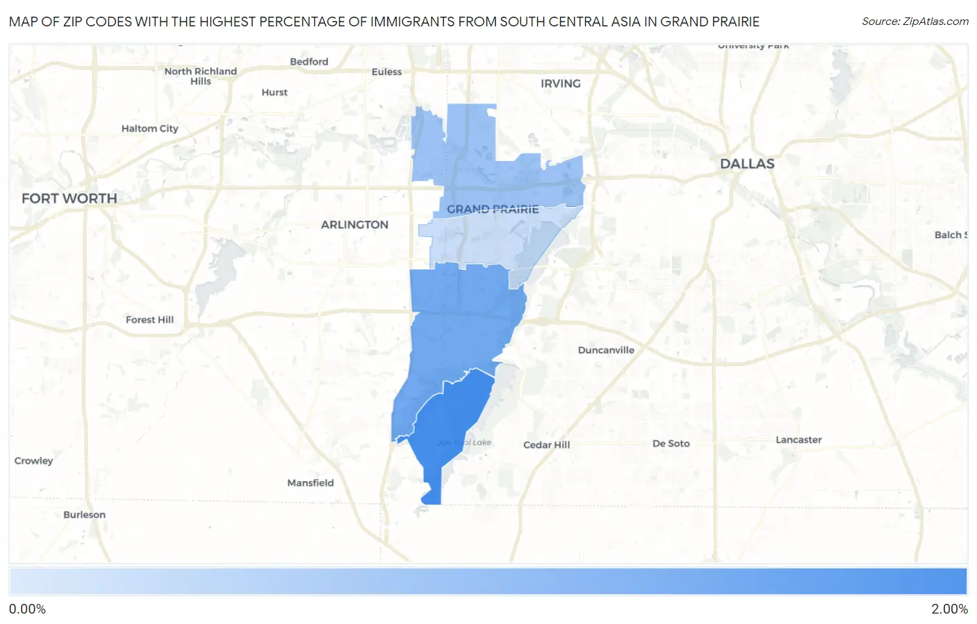 Zip Codes with the Highest Percentage of Immigrants from South Central Asia in Grand Prairie Map