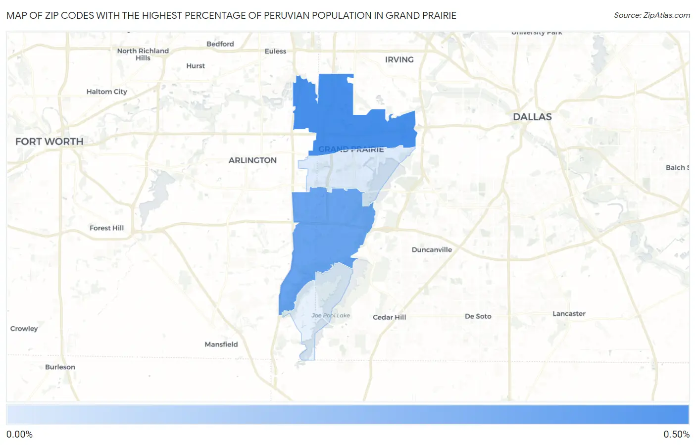 Zip Codes with the Highest Percentage of Peruvian Population in Grand Prairie Map