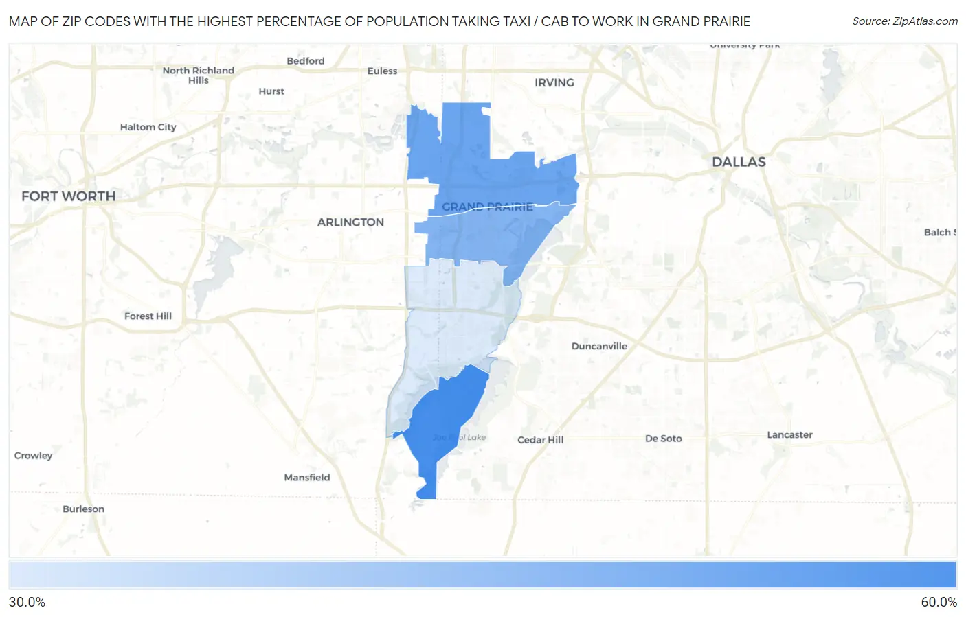 Zip Codes with the Highest Percentage of Population Taking Taxi / Cab to Work in Grand Prairie Map