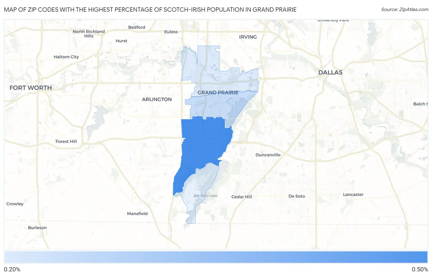 Zip Codes with the Highest Percentage of Scotch-Irish Population in Grand Prairie Map