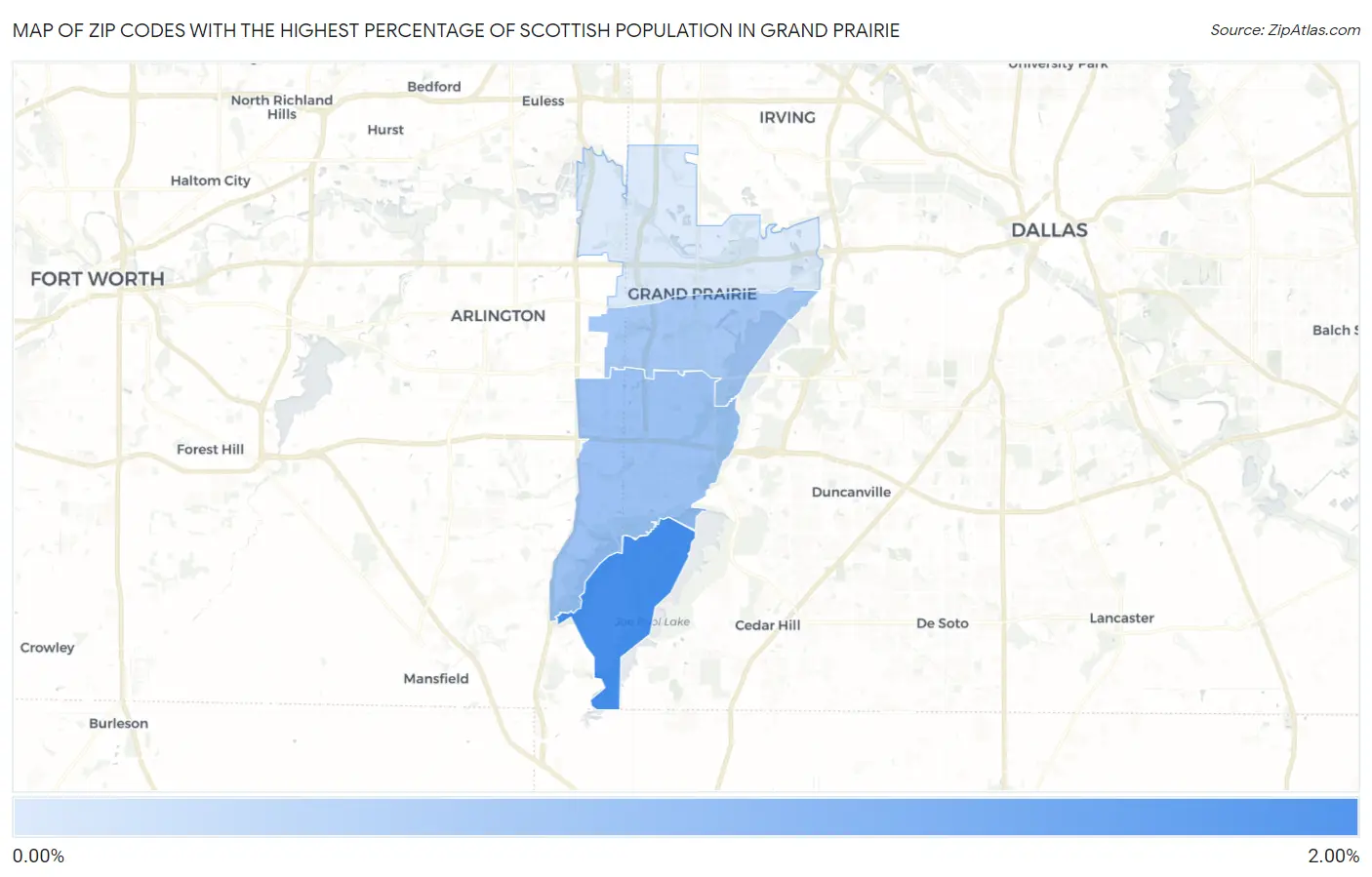 Zip Codes with the Highest Percentage of Scottish Population in Grand Prairie Map