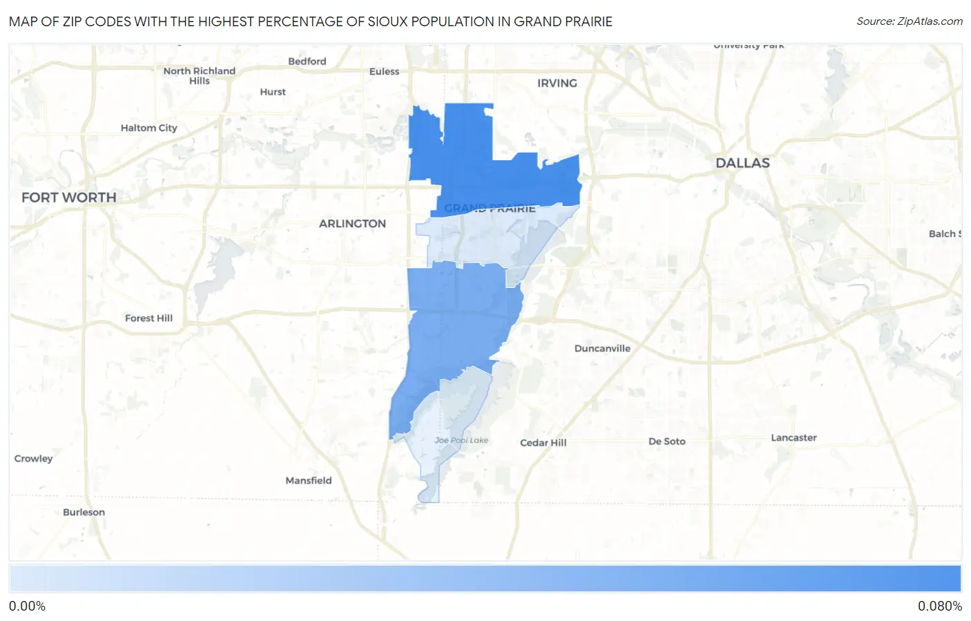 Zip Codes with the Highest Percentage of Sioux Population in Grand Prairie Map