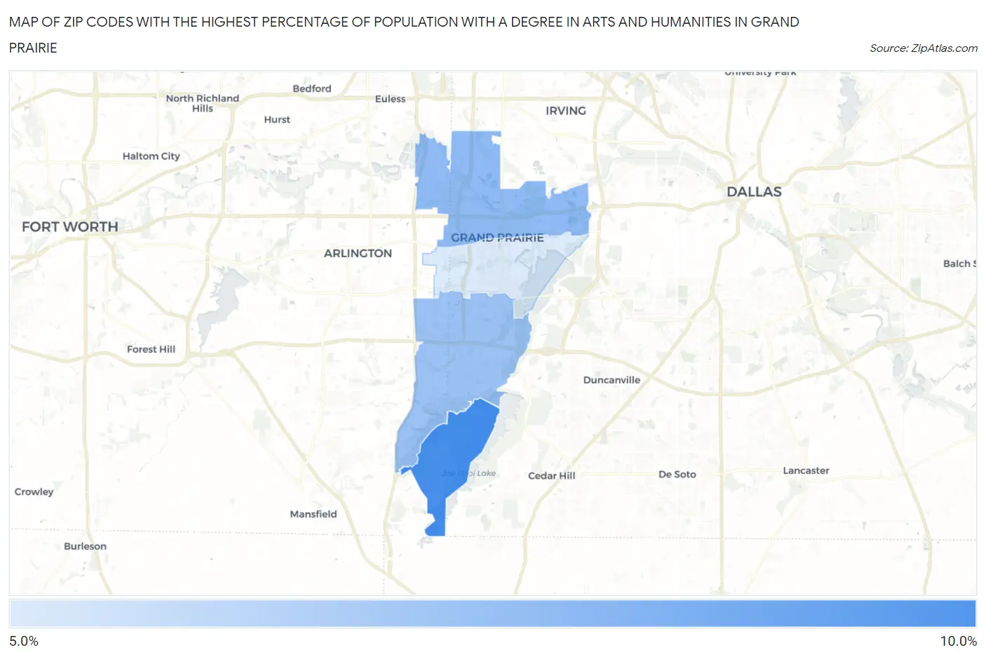Zip Codes with the Highest Percentage of Population with a Degree in Arts and Humanities in Grand Prairie Map