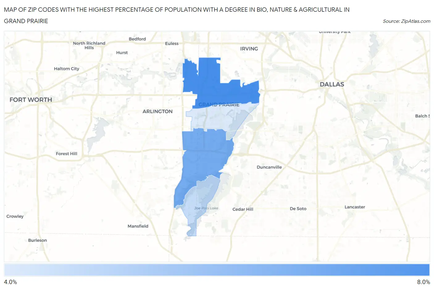 Zip Codes with the Highest Percentage of Population with a Degree in Bio, Nature & Agricultural in Grand Prairie Map