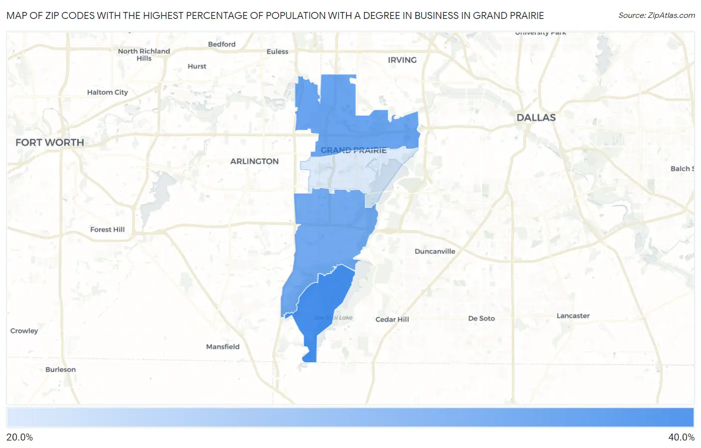 Zip Codes with the Highest Percentage of Population with a Degree in Business in Grand Prairie Map