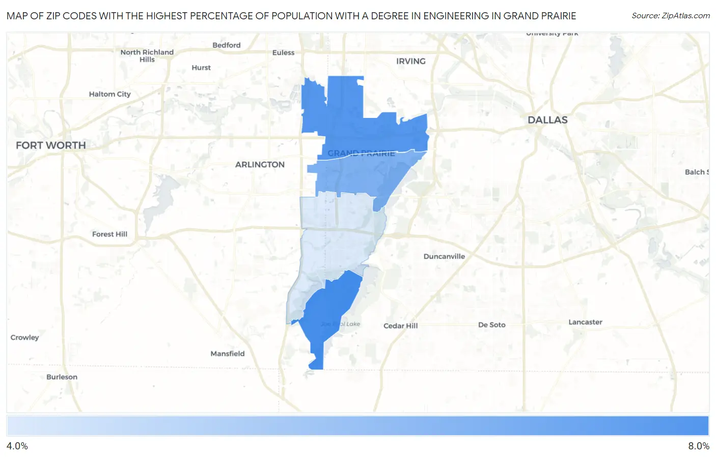 Zip Codes with the Highest Percentage of Population with a Degree in Engineering in Grand Prairie Map