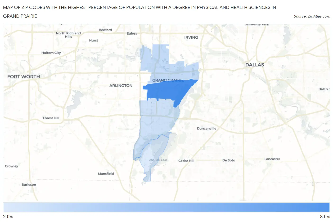 Zip Codes with the Highest Percentage of Population with a Degree in Physical and Health Sciences in Grand Prairie Map