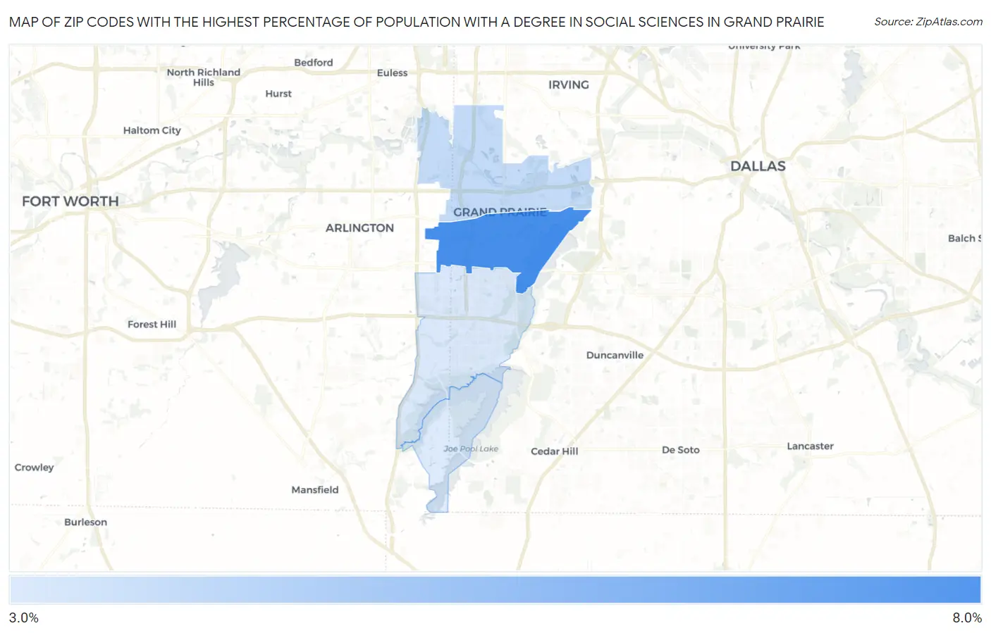 Zip Codes with the Highest Percentage of Population with a Degree in Social Sciences in Grand Prairie Map